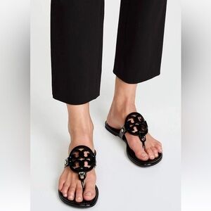 TORY BURCH Black Patent Miller Logo Thong Sandals